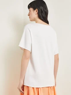Tops & Tees|Misook Dolman Sleeve Boat Neck Tunic - Cotton Floral Panel Soft Knit White/CaribbeanMist/PeachBlossom/VerdantClover/PaleGold