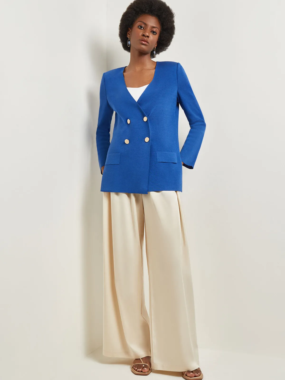 Jackets & Coats|Misook Double Breasted Open Neck Knit Jacket LyonsBlue