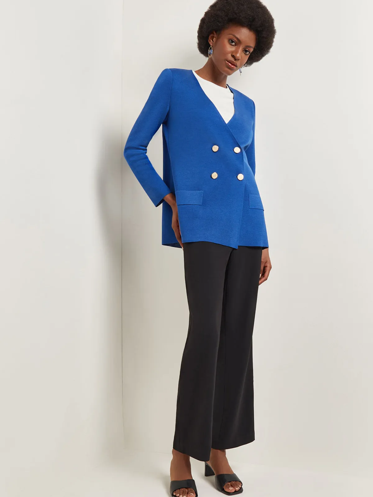 Jackets & Coats|Misook Double Breasted Open Neck Knit Jacket LyonsBlue