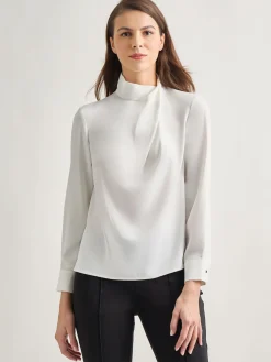 Blouses & Shirts|Tops & Tees|Misook Draped Crepe de Chine Mock Neck Blouse White