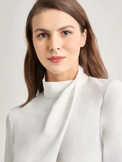 Blouses & Shirts|Tops & Tees|Misook Draped Crepe de Chine Mock Neck Blouse White