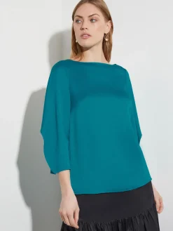Blouses & Shirts|Tops & Tees|Misook Draped Sleeve Crepe de Chine Blouse FrenchBlue