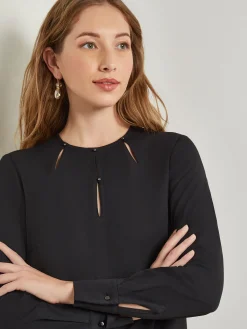 Blouses & Shirts|Tops & Tees|Misook Embellished Neckline Blouse - Crepe De Chine Black
