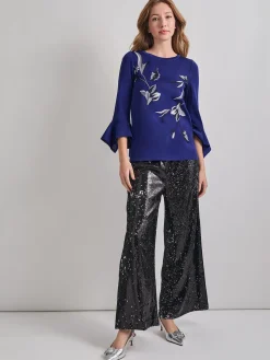 Tops & Tees|Misook Embroidered Floral Knit Blouse StarryNightBlue/Mink/NewIvory/Black
