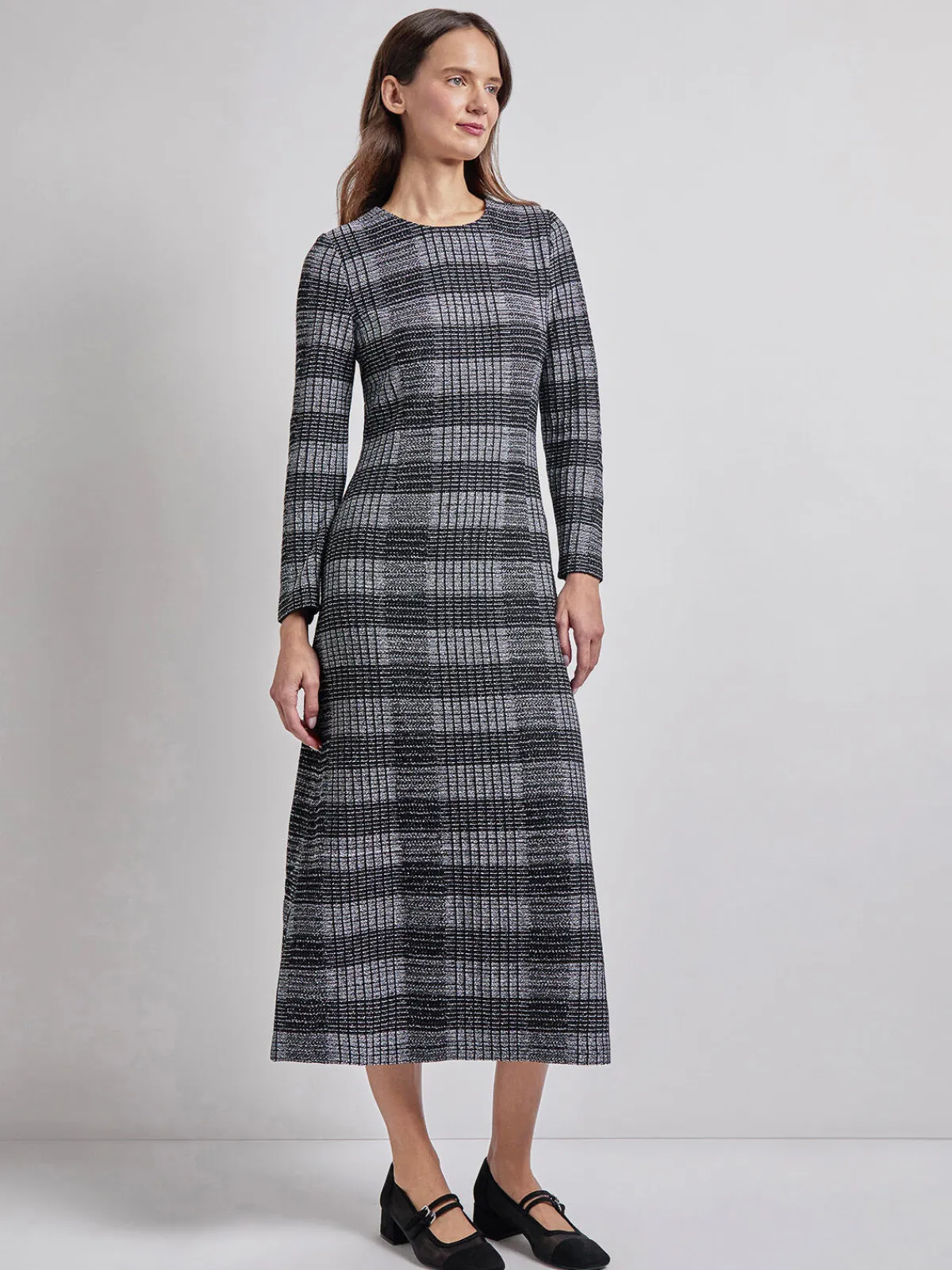 Dresses|Misook Fit & Flare Tweed Knit Maxi Dress Black/White