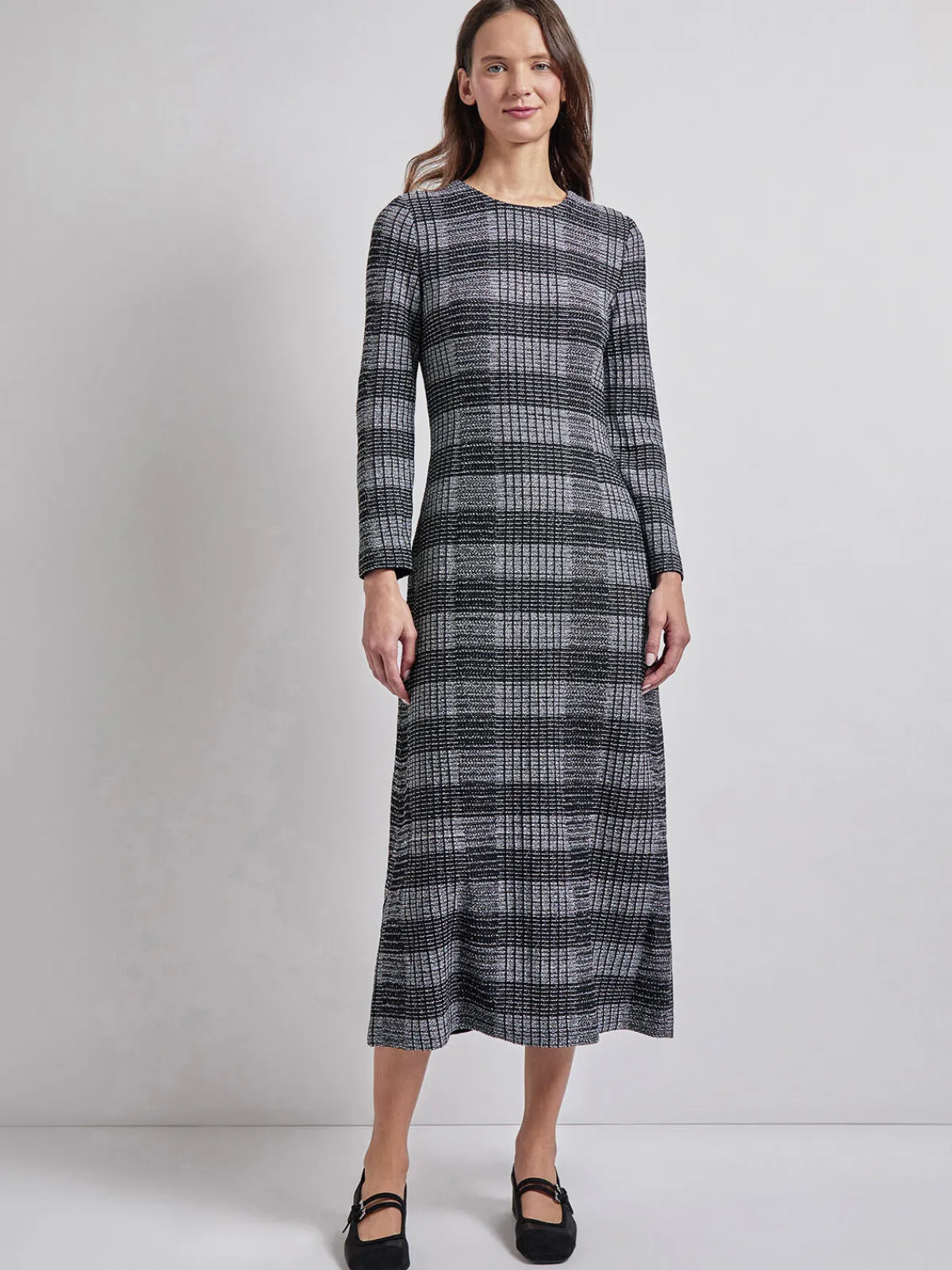Dresses|Misook Fit & Flare Tweed Knit Maxi Dress Black/White