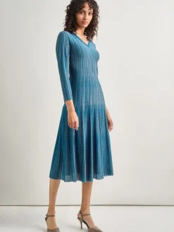 Dresses|Misook Fit-and-Flare Linear Textured Knit Midi Dress TidalTeal/Macchiato