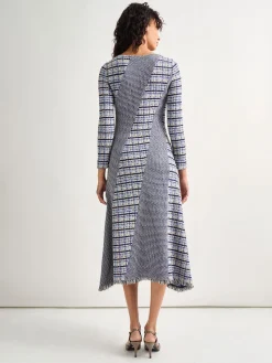 Dresses|Misook Fit-and-Flare Multi-Stitch Tweed Maxi Dress StarryNightBlue/CornflowerBlue/Parchment/Black