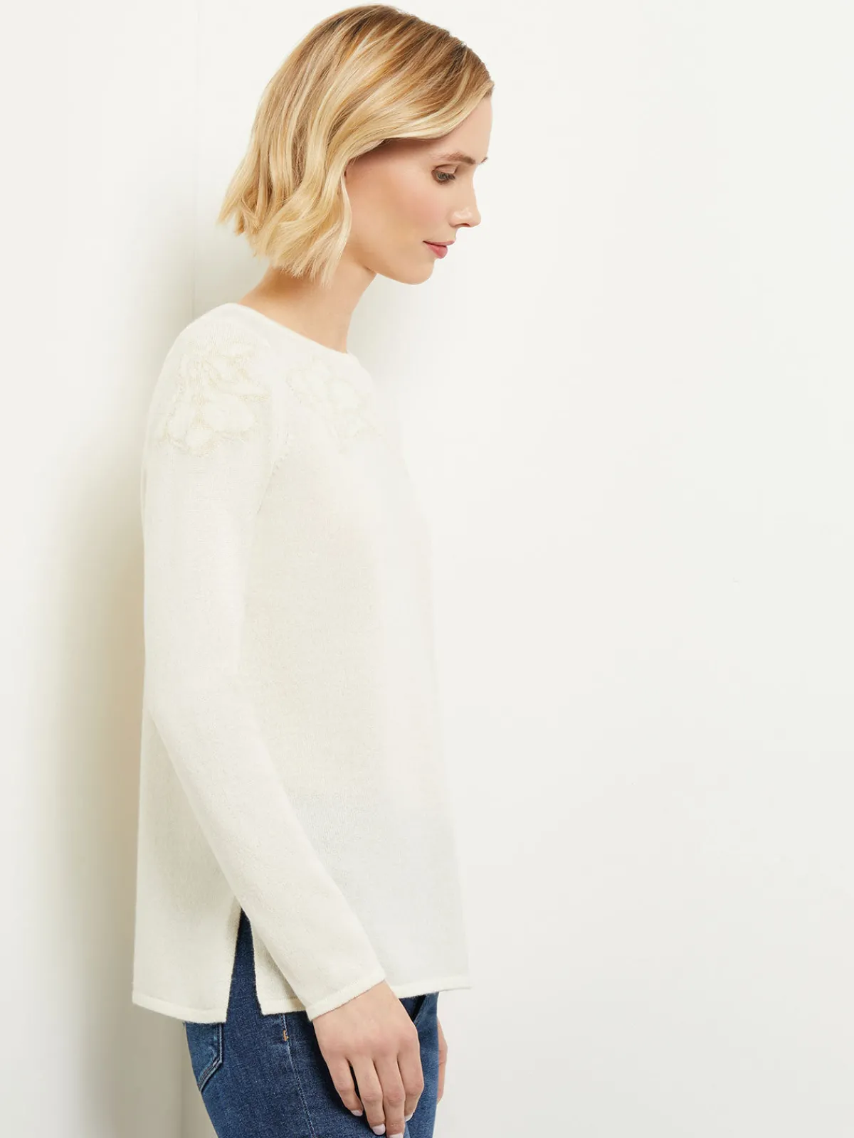 Tops & Tees|Misook Floral Shimmer Cashmere Tunic Ivory