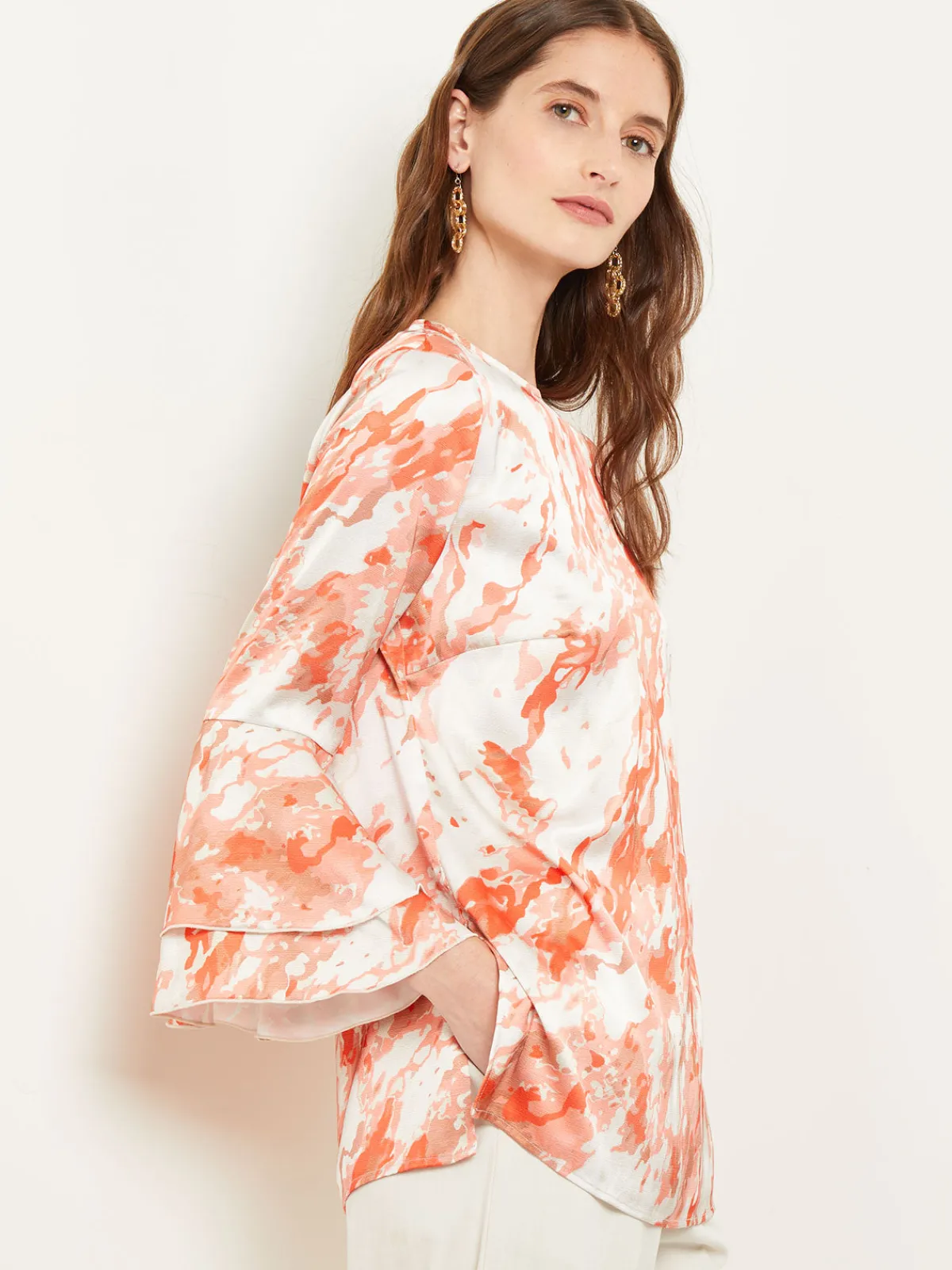 Blouses & Shirts|Tops & Tees|Misook Flounce Sleeve Blouse - Jewel Neck Print Crepe de Chine Spice/Citrine/ItalianClay/Biscotti/LightBiscotti