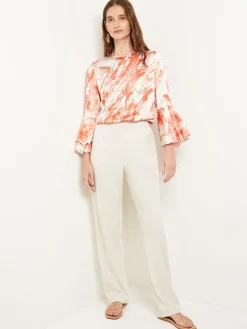 Blouses & Shirts|Tops & Tees|Misook Flounce Sleeve Blouse - Jewel Neck Print Crepe de Chine Spice/Citrine/ItalianClay/Biscotti/LightBiscotti