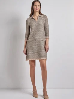 Dresses|Misook Fringe Trim Intarsia Knit Shift Dress Black/Sand/Biscotti