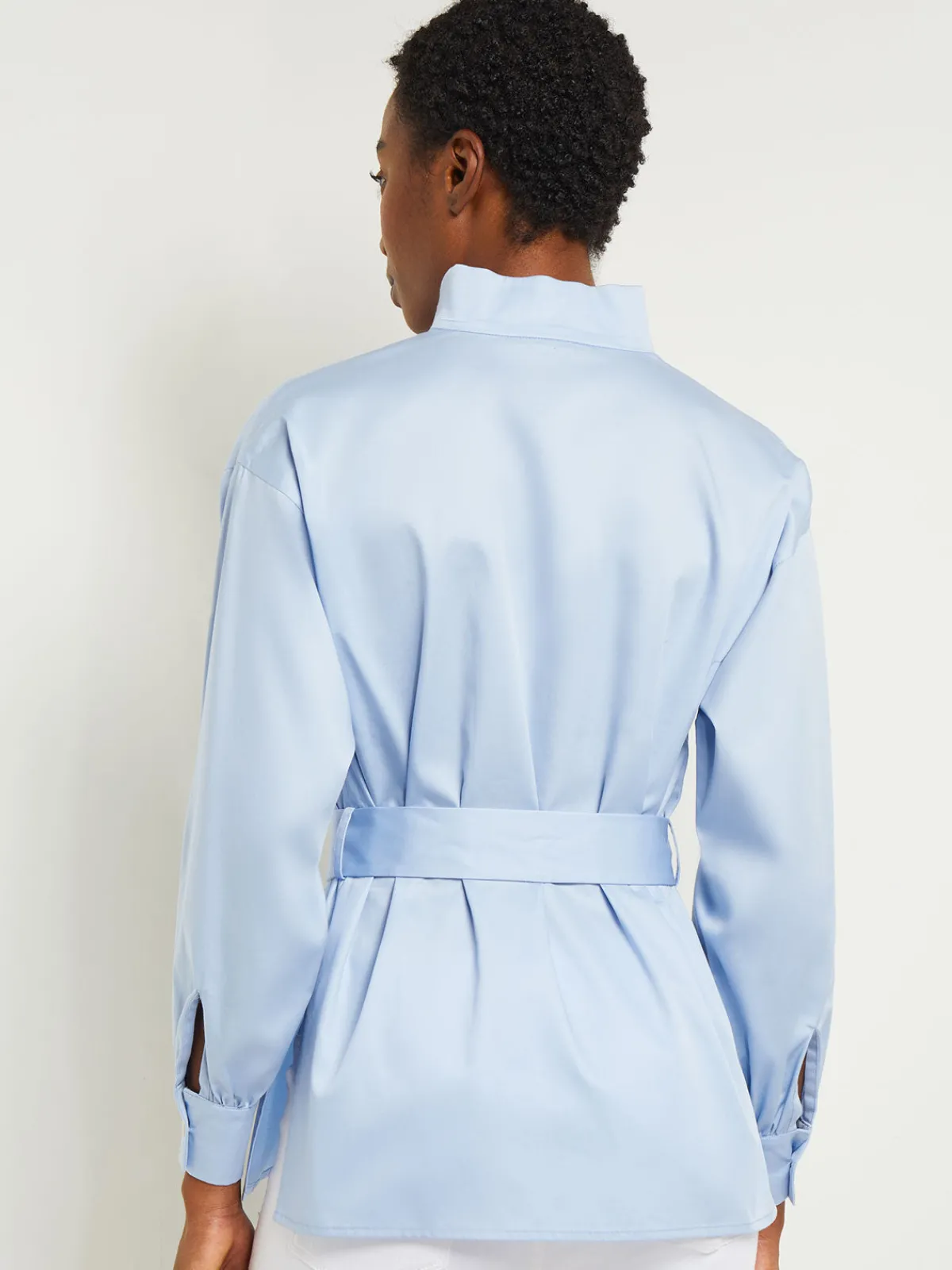 Blouses & Shirts|Tops & Tees|Misook Funnel Neck Belted Cotton Blouse CirrusBlue