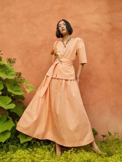 Skirts|Misook Godet Midi Skirt - Pleated Faux Cupro Silk PeachBlossom