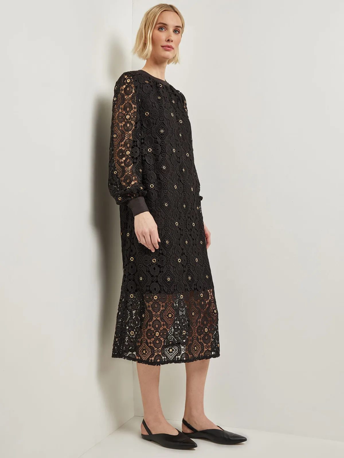 Dresses|Misook Gold Grommet Laced Shift Midi Dress Black