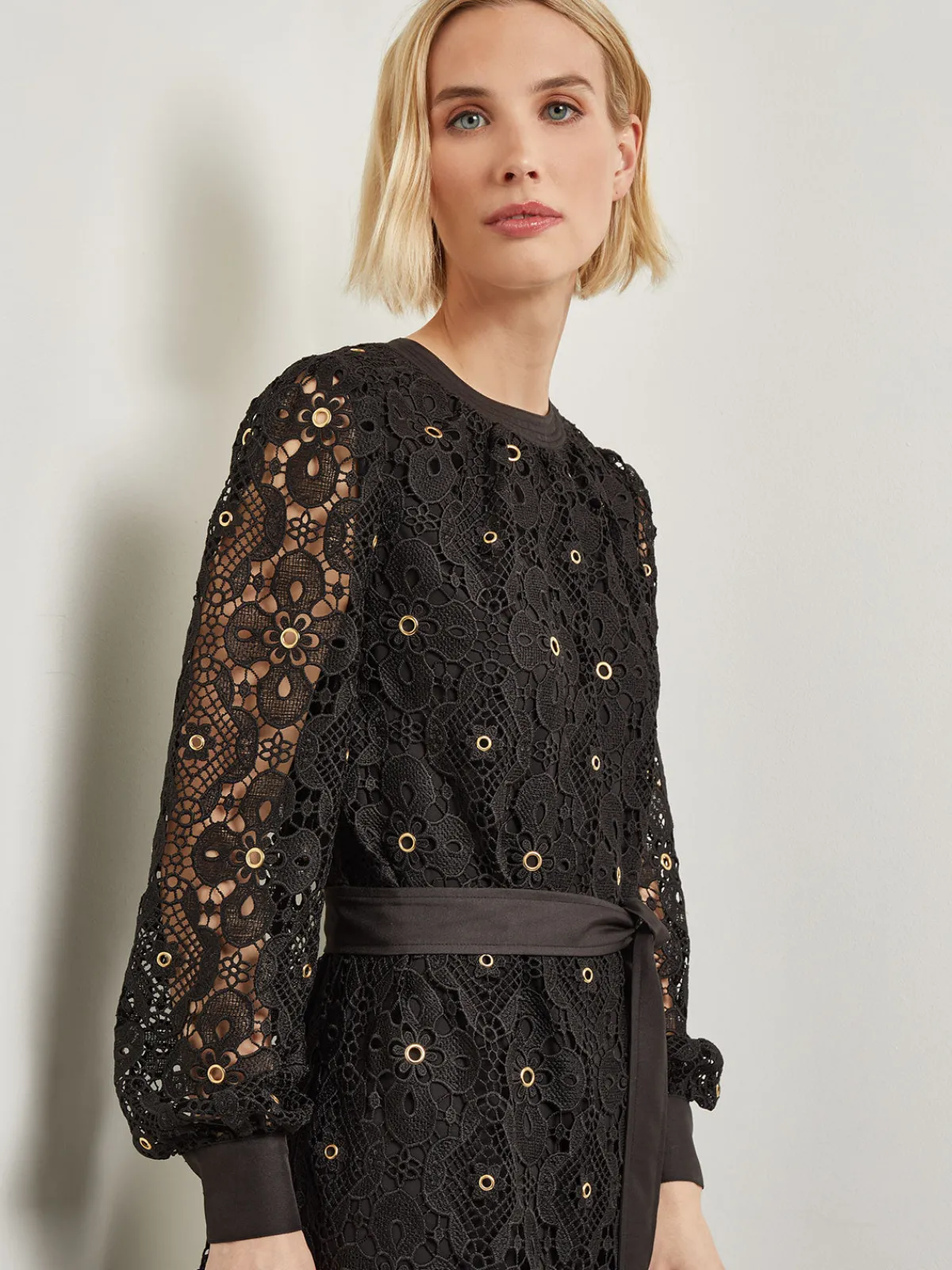 Dresses|Misook Gold Grommet Laced Shift Midi Dress Black