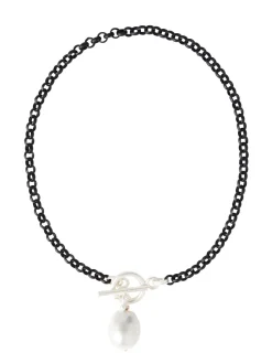 Accessories|Necklaces|Misook Handmade Black Rolo Link Toggle Necklace with Cotton Pearl Pendant Pearl/MatteBlack/Silver