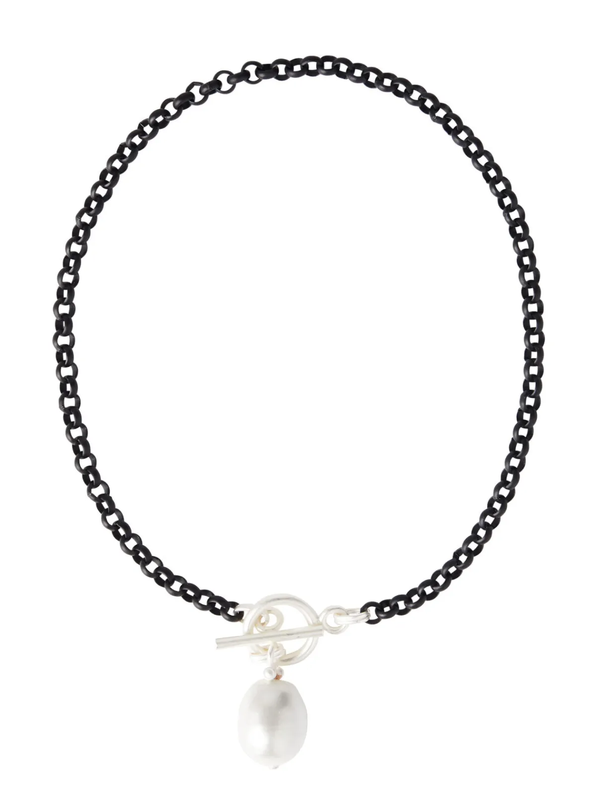 Accessories|Necklaces|Misook Handmade Black Rolo Link Toggle Necklace with Cotton Pearl Pendant Pearl/MatteBlack/Silver