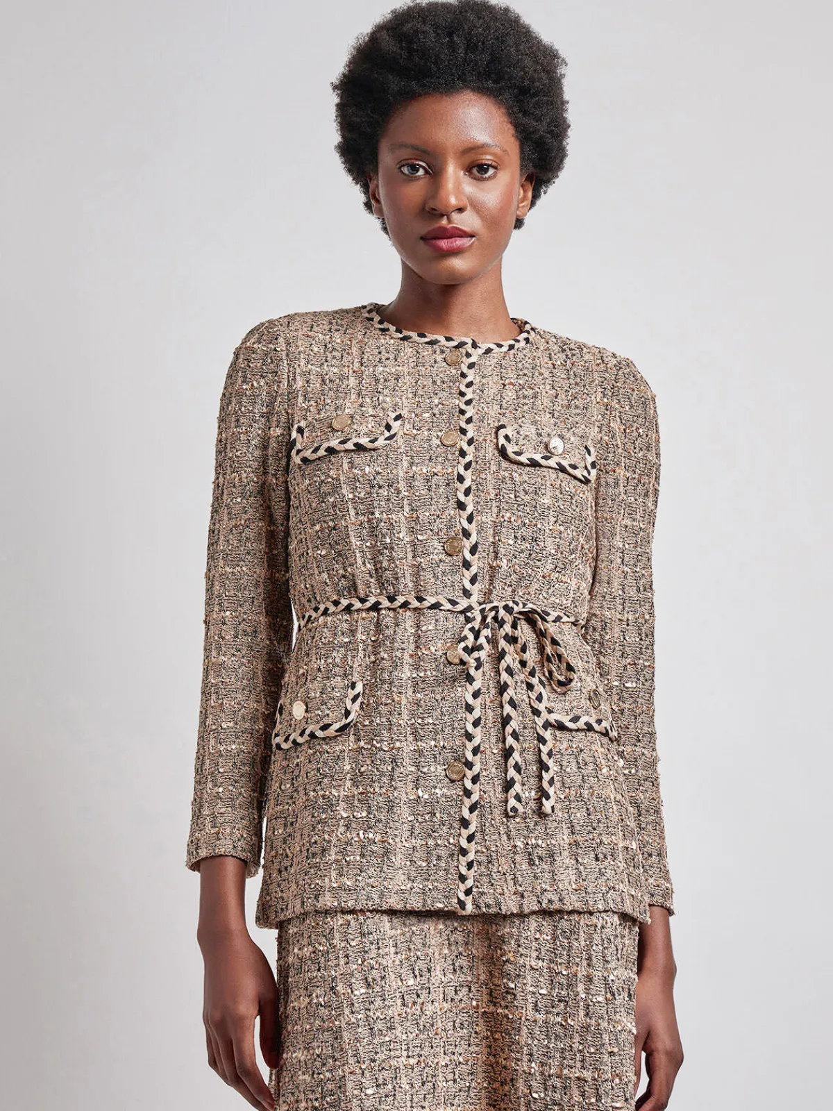 Jackets & Coats|Misook Heritage Fit Braid Trim Tweed Knit Jacket Sand/Biscotti/Black