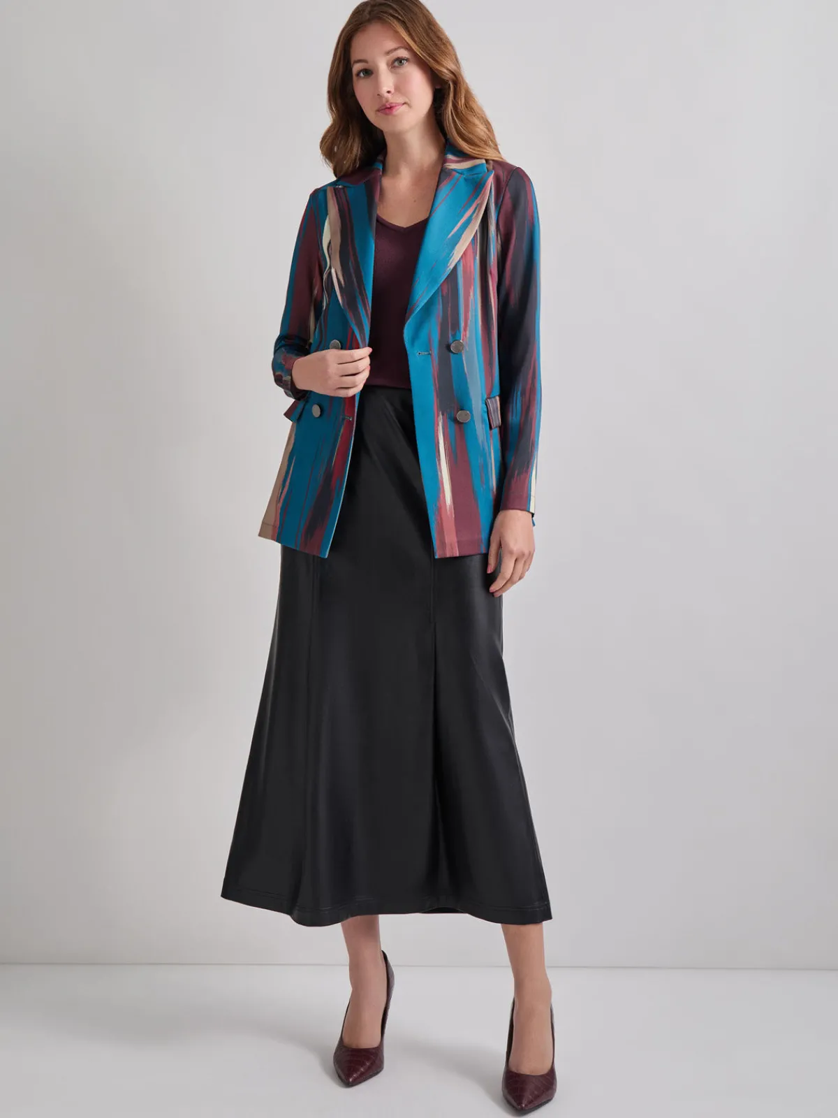 Jackets & Coats|Misook Heritage Fit Double-Breasted Brushstroke Woven Blazer TidalTeal/Macchiato/Mahogany/Rouge/NewIvory/Black