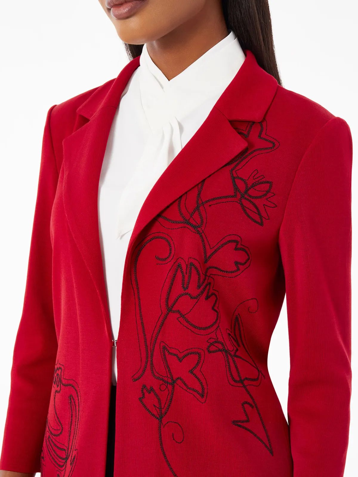 Jackets & Coats|Misook Heritage Fit Floral Embroidery Long Knit Jacket Rouge/Black