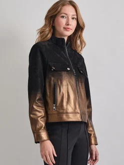 Jackets & Coats|Misook Heritage Fit Gold Ombre Suede Leather Trucker Jacket Black/Gold