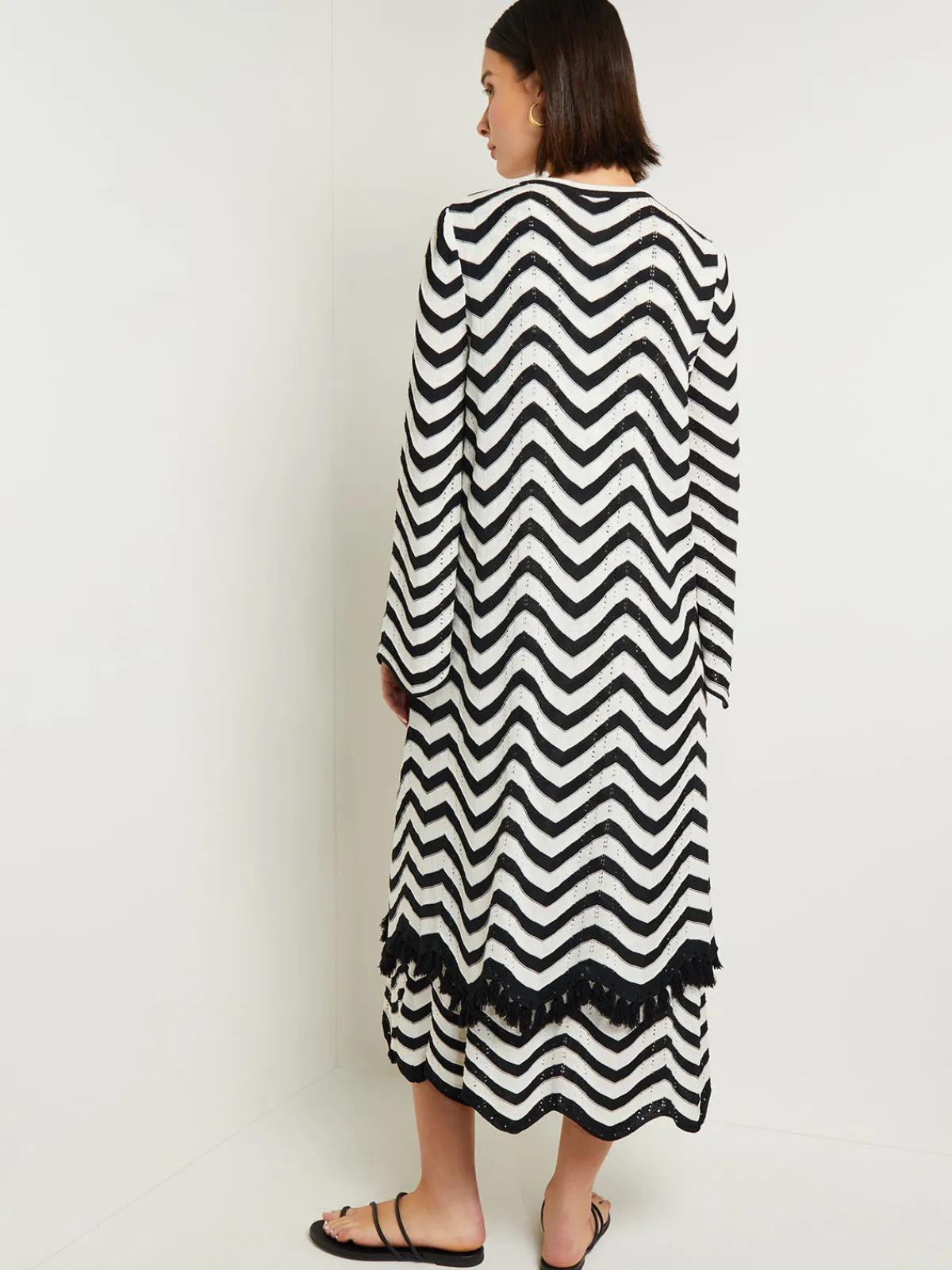 Jackets & Coats|Misook Heritage Fit Jacket - Chevron Fringe Trim Intarsia Knit Black/White