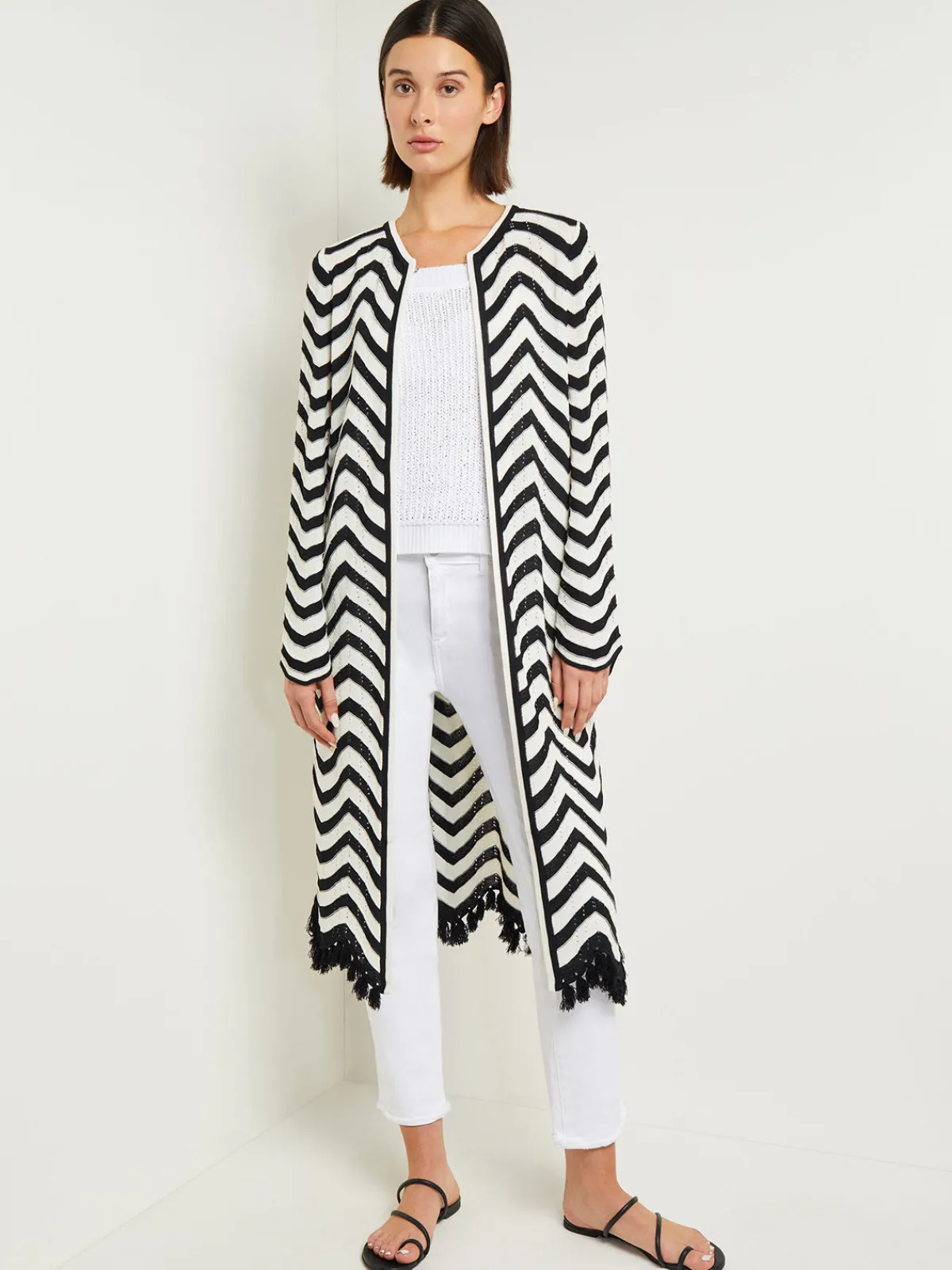Jackets & Coats|Misook Heritage Fit Jacket - Chevron Fringe Trim Intarsia Knit Black/White