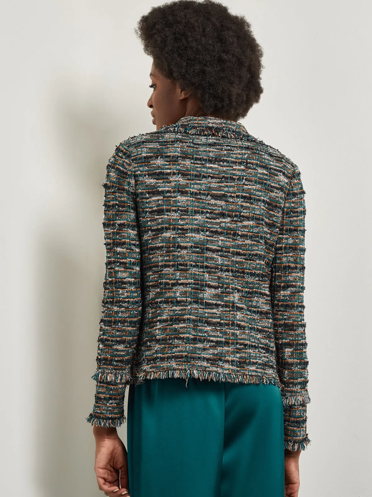 Jackets & Coats|Misook Heritage Fit Lapel Jacket - Fringe Trim Tweed Knit Spruce/NewIvory/Black/Copper