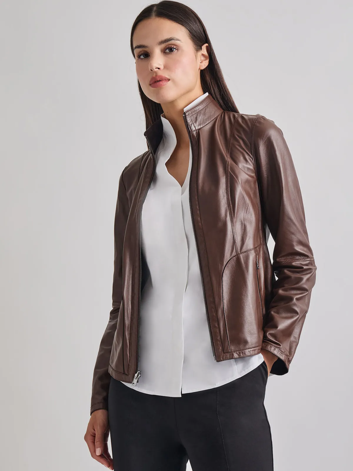 Jackets & Coats|Misook Heritage Fit Reversible Suede Leather Jacket Mahogany/Macchiato