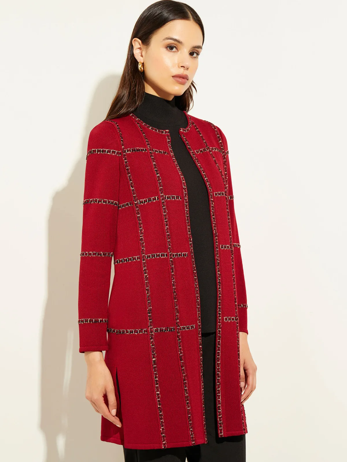 Jackets & Coats|Misook Heritage Fit Tweed Trim Windowpane Knit Duster Rouge/Black