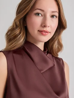 Tops & Tees|Tanks|Misook High Neck Draped Crepe de Chine Blouse Mahogany