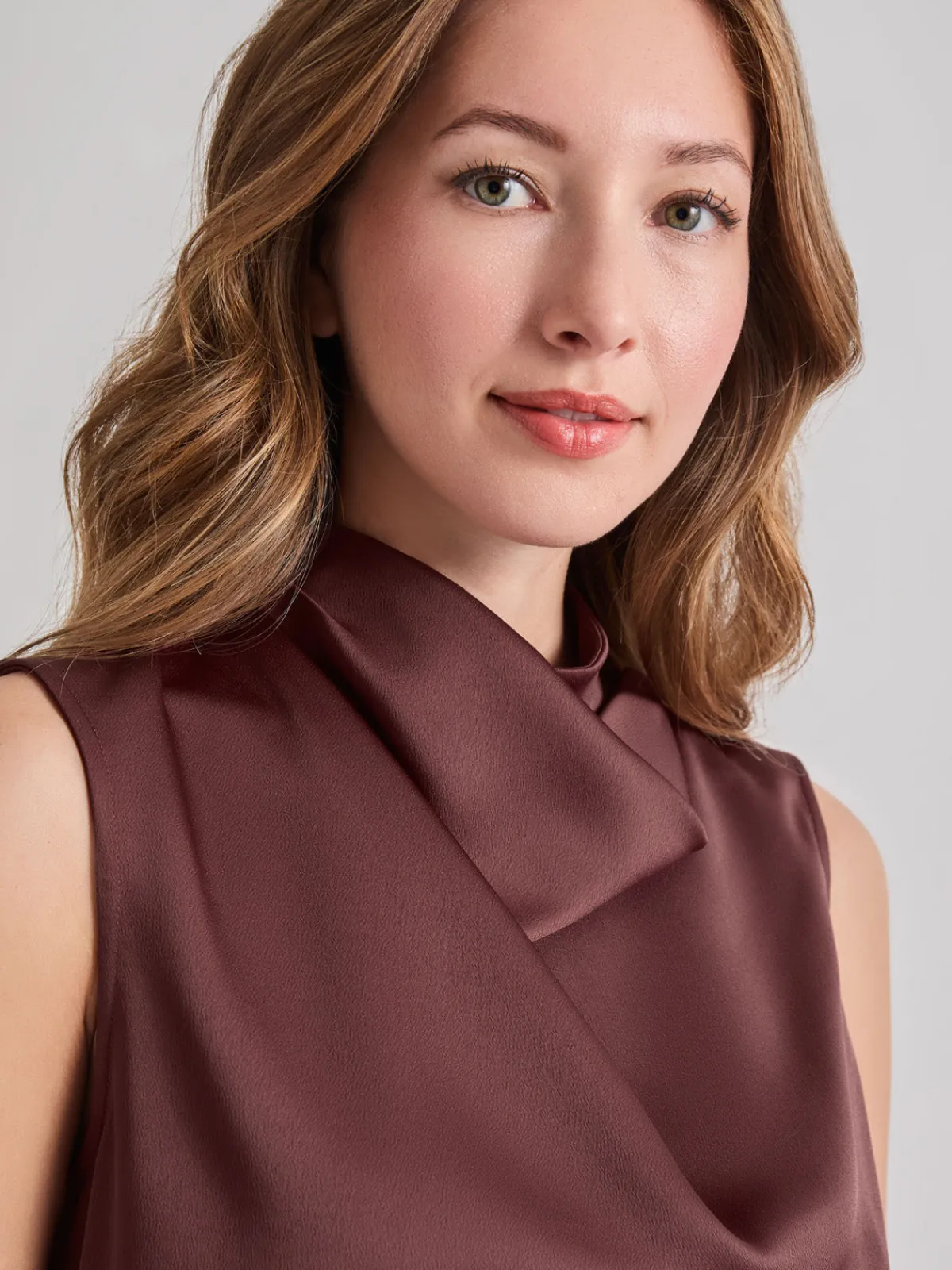 Tops & Tees|Tanks|Misook High Neck Draped Crepe de Chine Blouse Mahogany