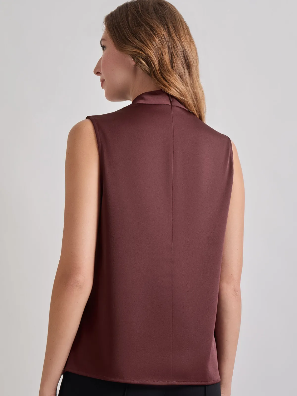 Tops & Tees|Tanks|Misook High Neck Draped Crepe de Chine Blouse Mahogany