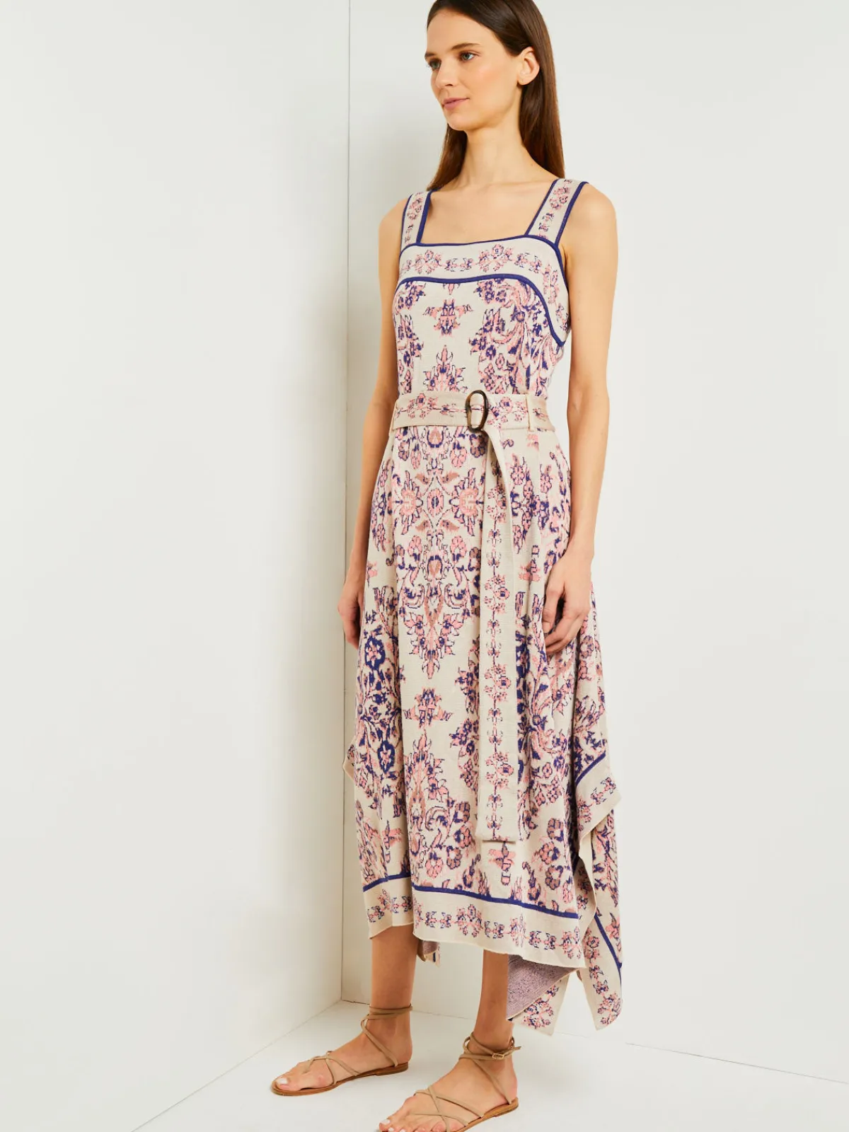 Dresses|Misook High-Low A-Line Dress - Soft Jacquard Knit Biscotti/PorcelainPink/OceanCoral/Mazarine