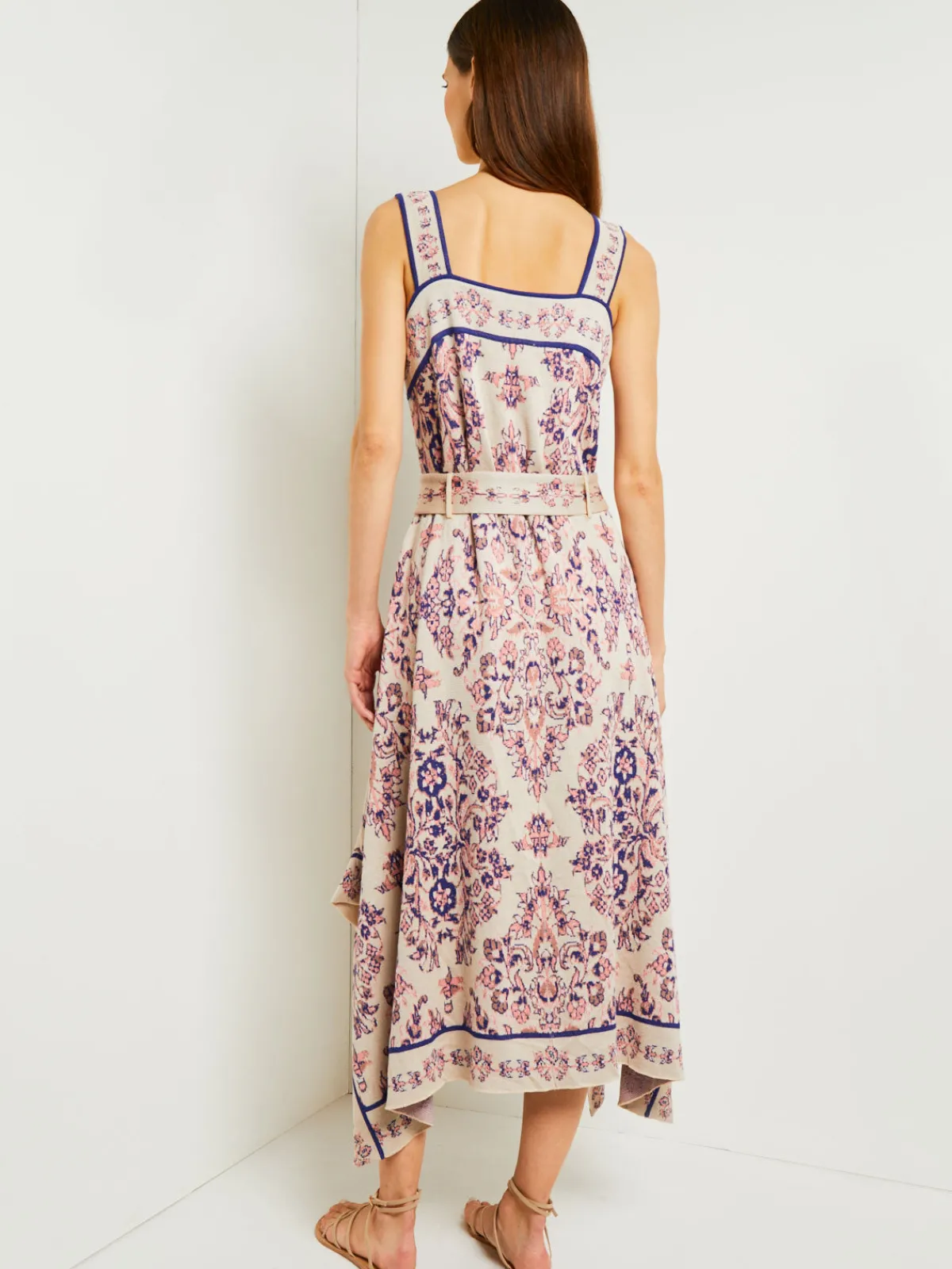 Dresses|Misook High-Low A-Line Dress - Soft Jacquard Knit Biscotti/PorcelainPink/OceanCoral/Mazarine
