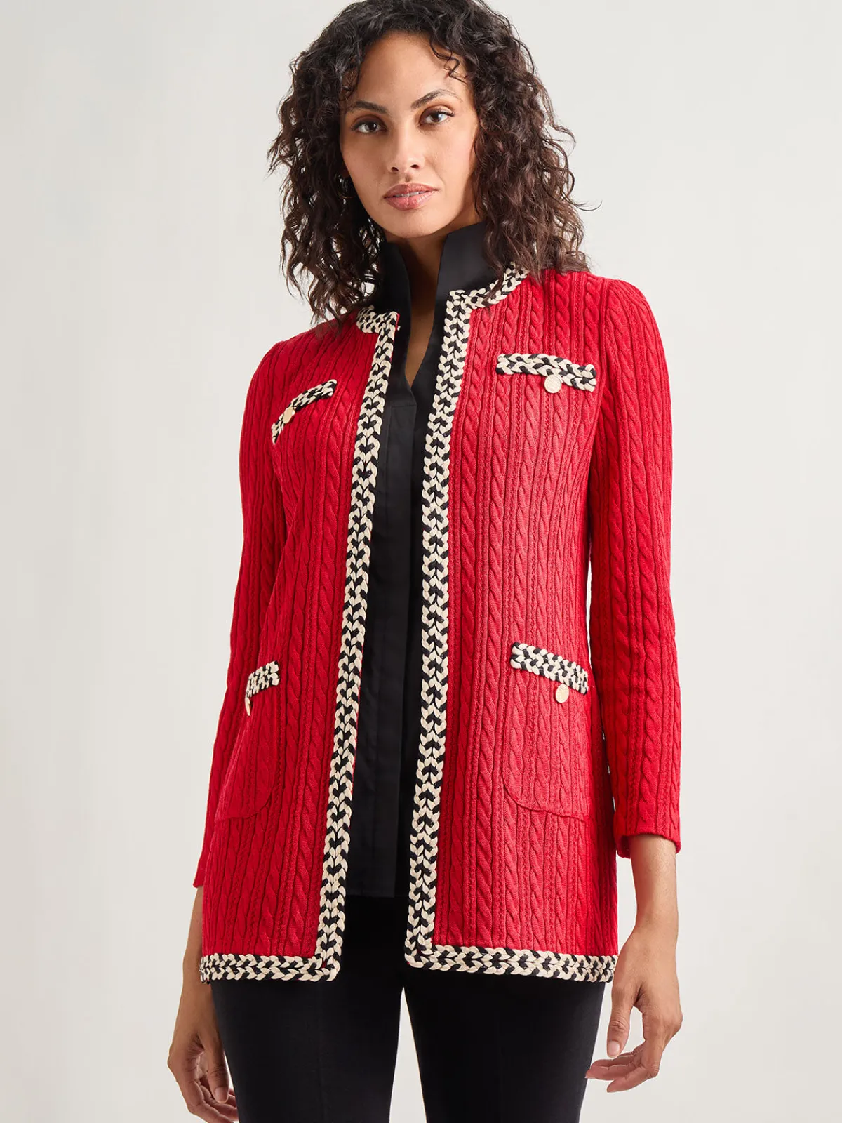 Jackets & Coats|Misook Jewel Neck Contrast Trim Cable Knit Jacket Rouge/Biscotti/Black