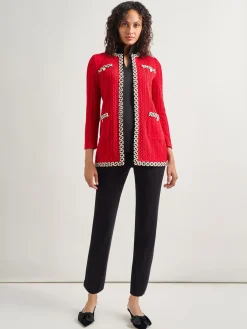 Jackets & Coats|Misook Jewel Neck Contrast Trim Cable Knit Jacket Rouge/Biscotti/Black