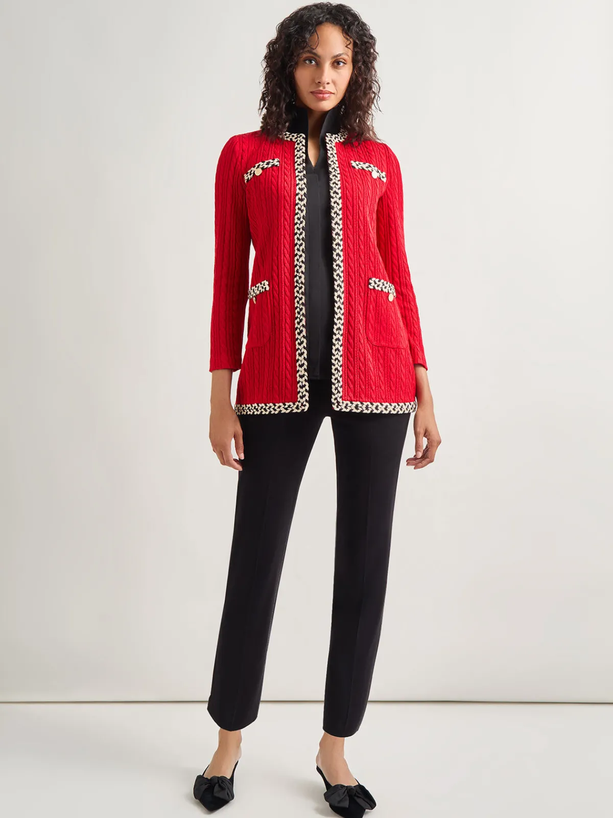 Jackets & Coats|Misook Jewel Neck Contrast Trim Cable Knit Jacket Rouge/Biscotti/Black