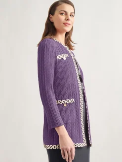 Jackets & Coats|Misook Jewel Neck Contrast Trim Cable Knit Jacket PlumRoyale/Biscotti/Black