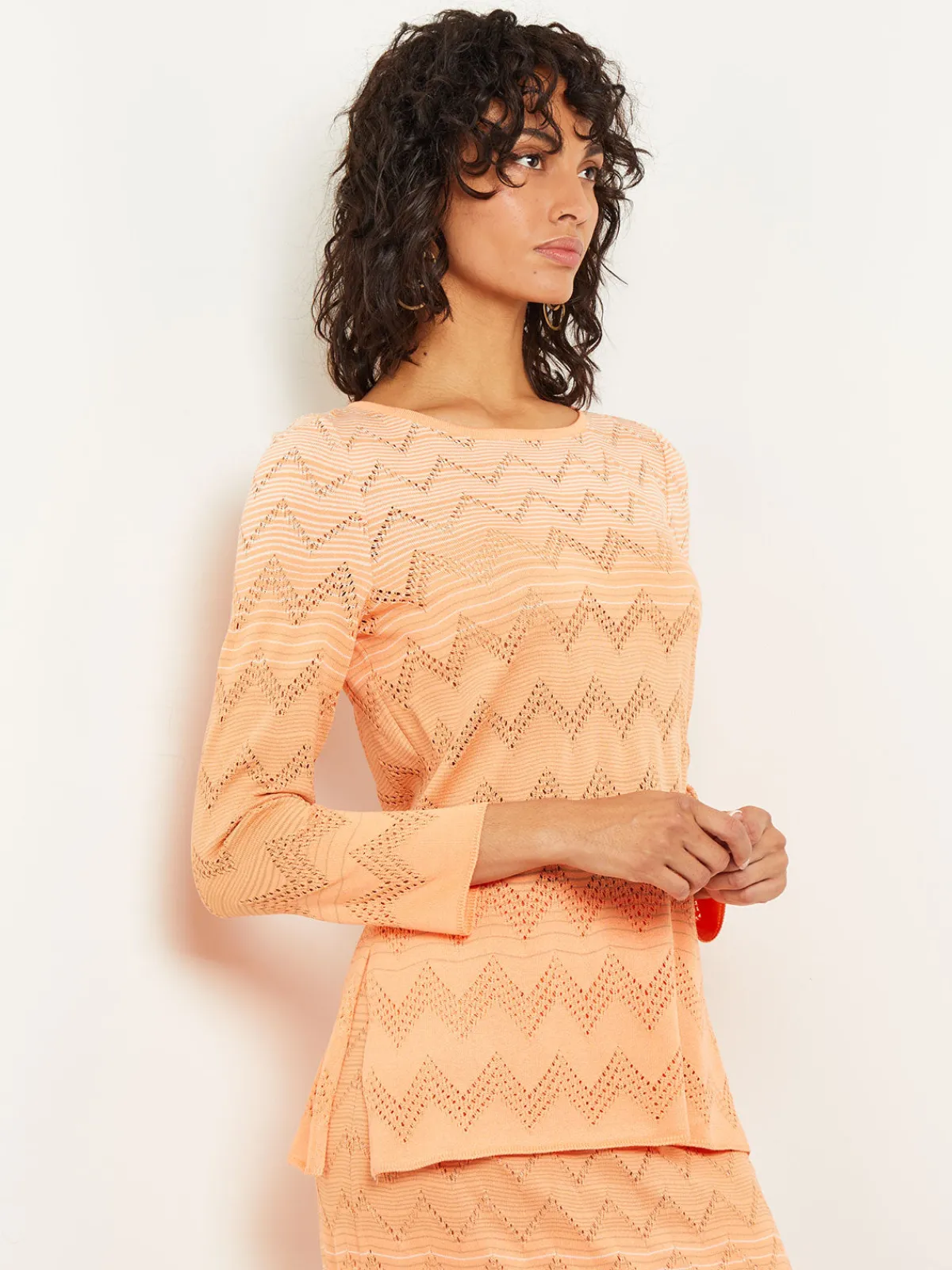 Tops & Tees|Misook Jewel Neck Tunic - Ombre Pointelle Soft Knit Citrine/ItalianClay/Biscotti