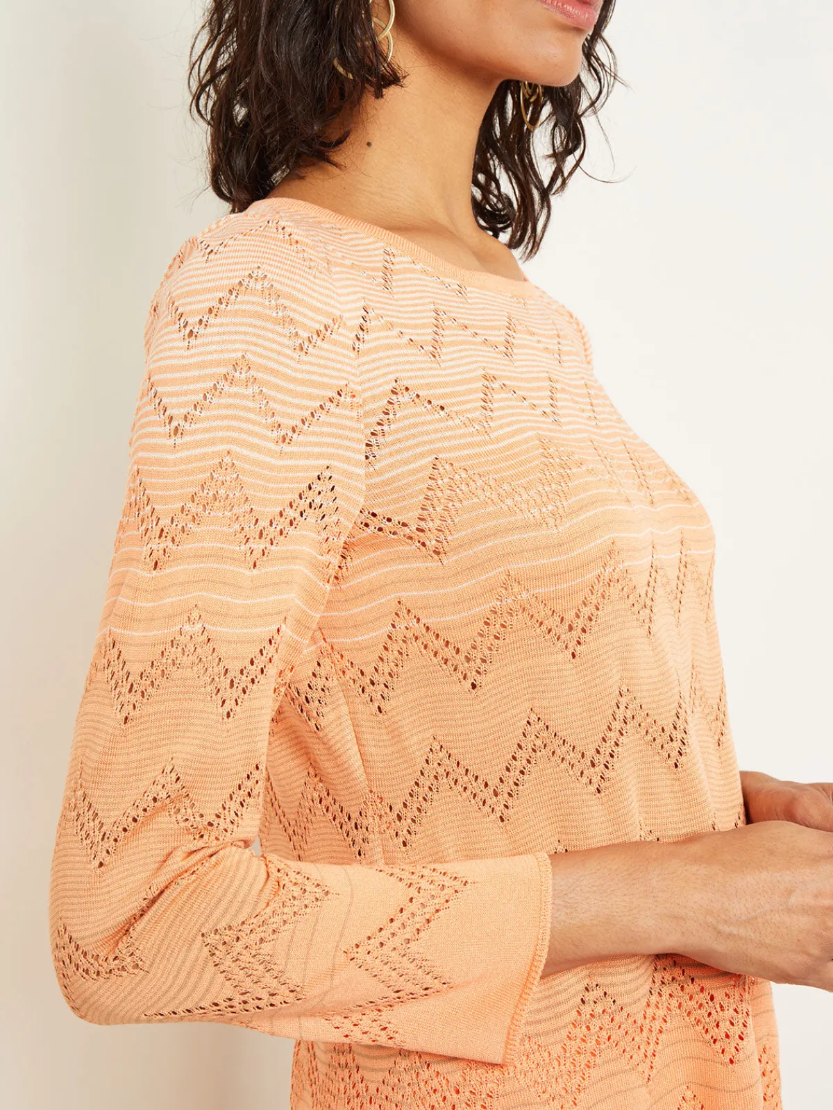 Tops & Tees|Misook Jewel Neck Tunic - Ombre Pointelle Soft Knit Citrine/ItalianClay/Biscotti