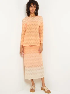 Tops & Tees|Misook Jewel Neck Tunic - Ombre Pointelle Soft Knit Citrine/ItalianClay/Biscotti