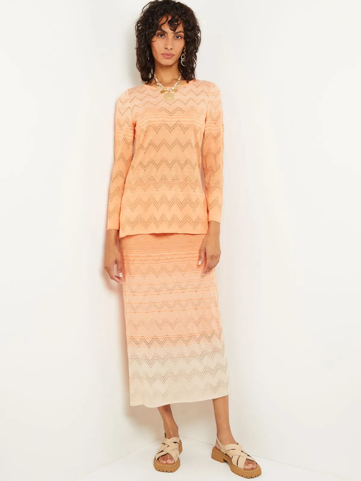 Tops & Tees|Misook Jewel Neck Tunic - Ombre Pointelle Soft Knit Citrine/ItalianClay/Biscotti