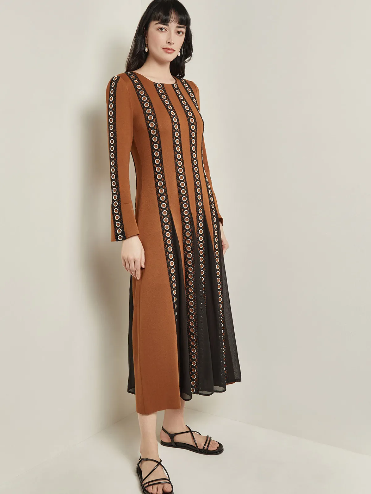 Dresses|Misook Maxi A-Line Dress - Sheer Panel Soft Knit Copper/Black