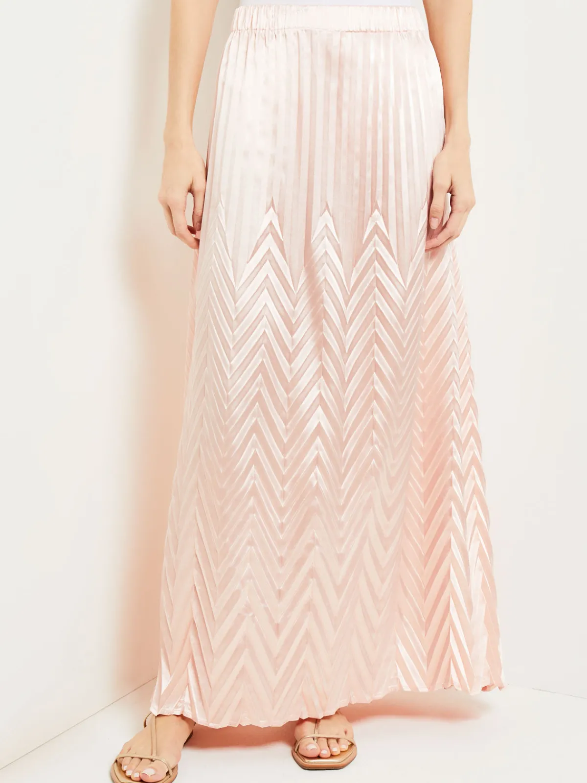 Skirts|Misook Maxi A-Line Skirt - Chevron Textured Crepe de Chine PorcelainPink