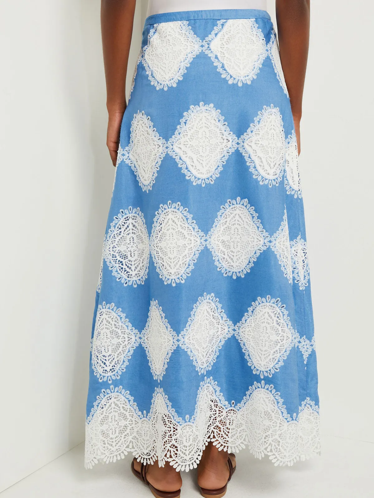 Skirts|Misook Maxi A-Line Skirt - Lace Inset Novelty Woven AdriaticBlue/White