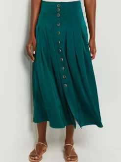 Skirts|Misook Maxi Button Front A-Line Skirt - Pleated Woven Spruce