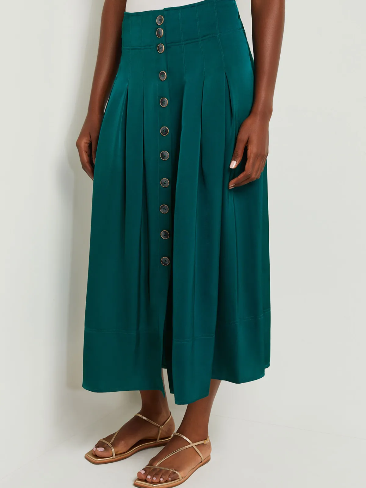 Skirts|Misook Maxi Button Front A-Line Skirt - Pleated Woven Spruce