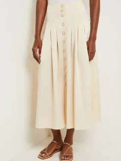 Skirts|Misook Maxi Button Front A-Line Skirt - Pleated Woven Parchment/NewIvory